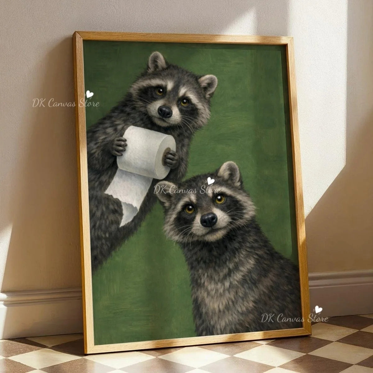 A framed canvas print featuring two gray-furred pandas looking directly at the viewer against a green background.
