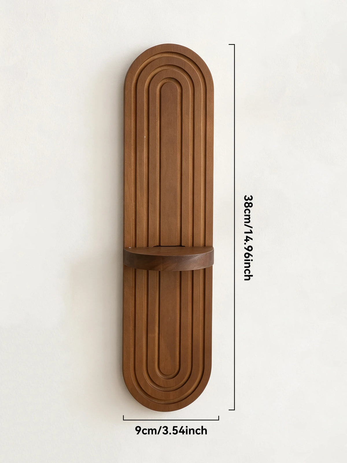 A vertical wooden wall shelf with a curved, ribbed design in a warm brown tone.