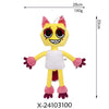 A yellow plush toy resembling a cat with pink ears and facial markings, standing upright.