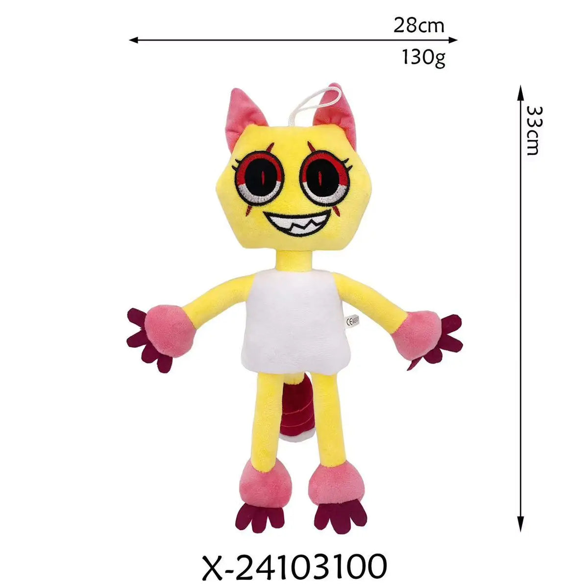 A yellow plush toy resembling a cat with pink ears and facial markings, standing upright.