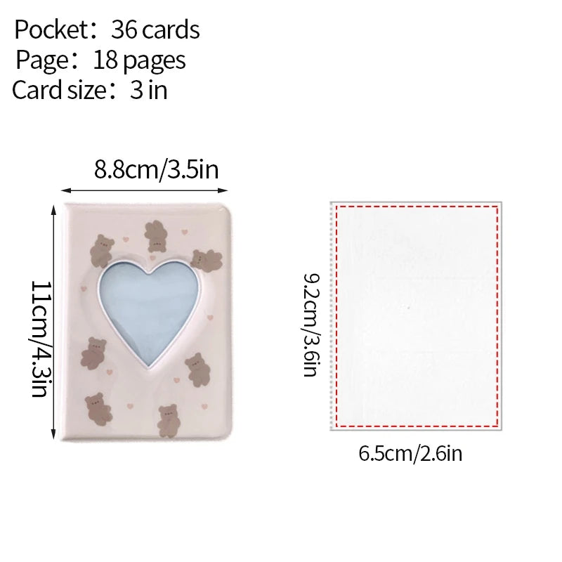 A rectangular pink photo card album binder with a heart-shaped cutout and a white insert card.
