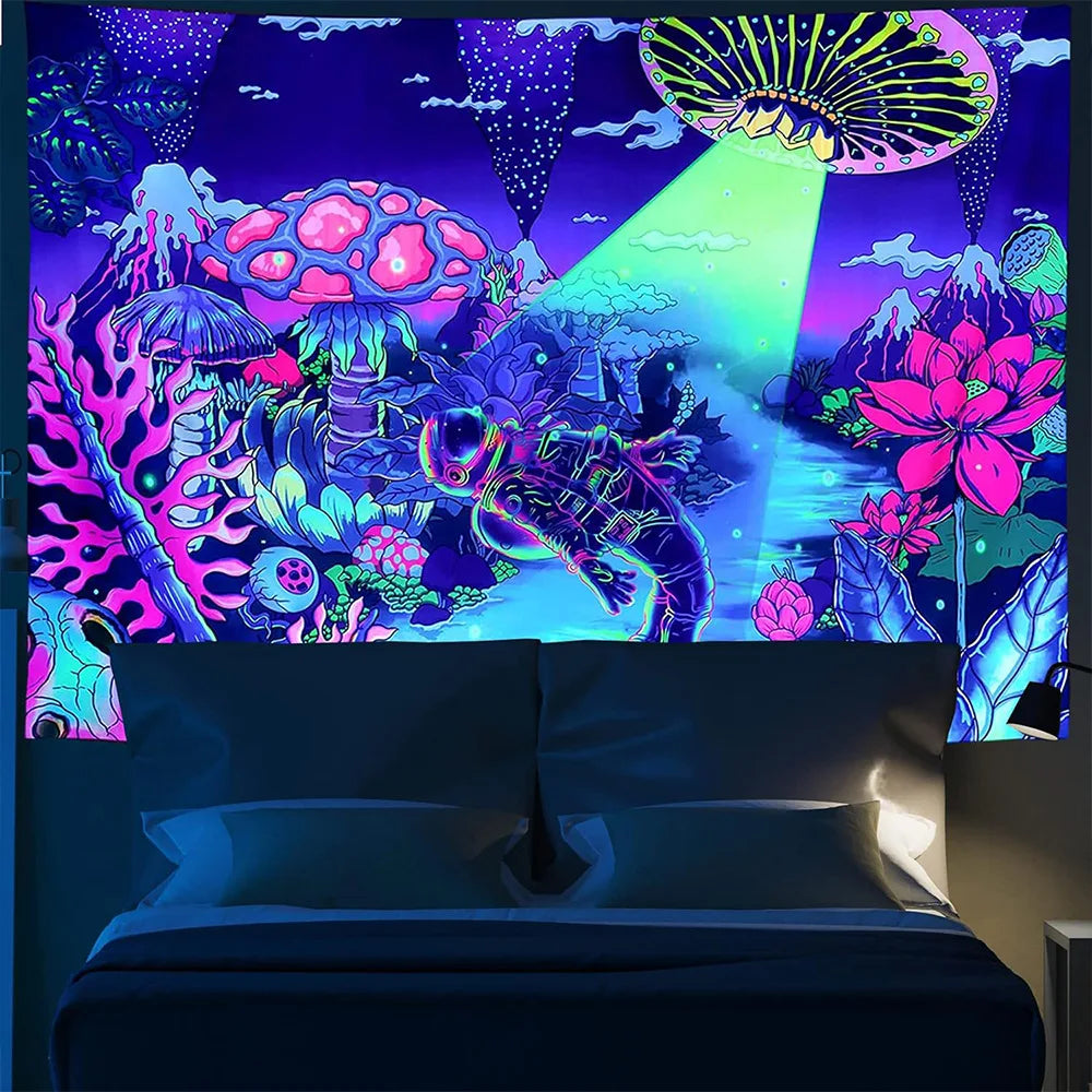 A vibrant tapestry featuring psychedelic alien imagery with neon purple and green UV reactive colors.
