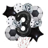 A collection of black and white football-shaped helium foil balloons, including a large number three balloon.