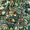 A collection of dark green and gold decorative stickers featuring witches, potions, and forest elements.