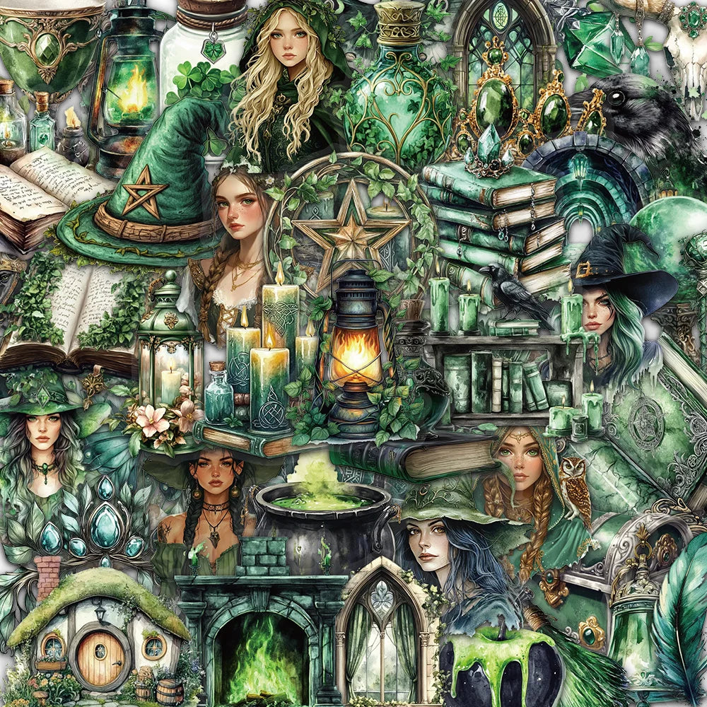 A collection of dark green and gold decorative stickers featuring witches, potions, and forest elements.
