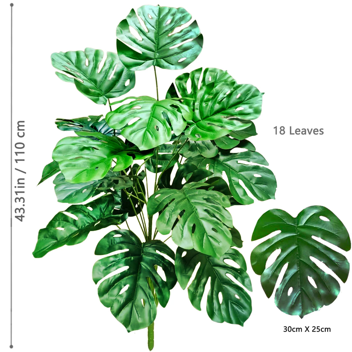 Artificial Monstera plant with silk green leaves shown in a full view.