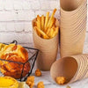 A collection of disposable kraft paper serving cups, french fries, bread, and chips arranged on a white surface.
