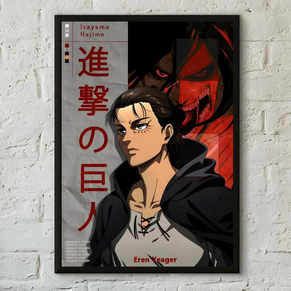 A poster featuring Eren Yeager from Attack on Titan in a dramatic portrait style with Japanese text.