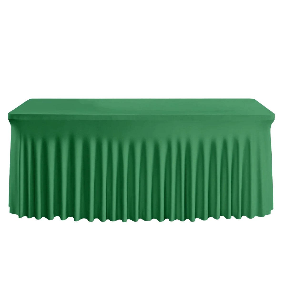 A smooth, emerald green elastic fitted spandex tablecloth draped over a rectangular table.