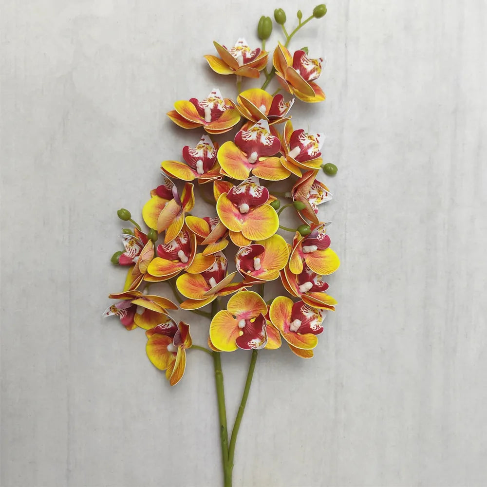 A stem of Lifelike Butterfly Orchid with 21 blooms featuring yellow, orange, and reddish-pink petals.