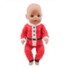 A baby doll with fair skin and blue eyes wearing a red outfit with white trim and a belt.