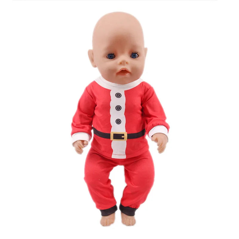 A baby doll with fair skin and blue eyes wearing a red outfit with white trim and a belt.