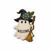 Wooden ghost door hanging featuring a witch hat design with blue flowers and a broomstick.