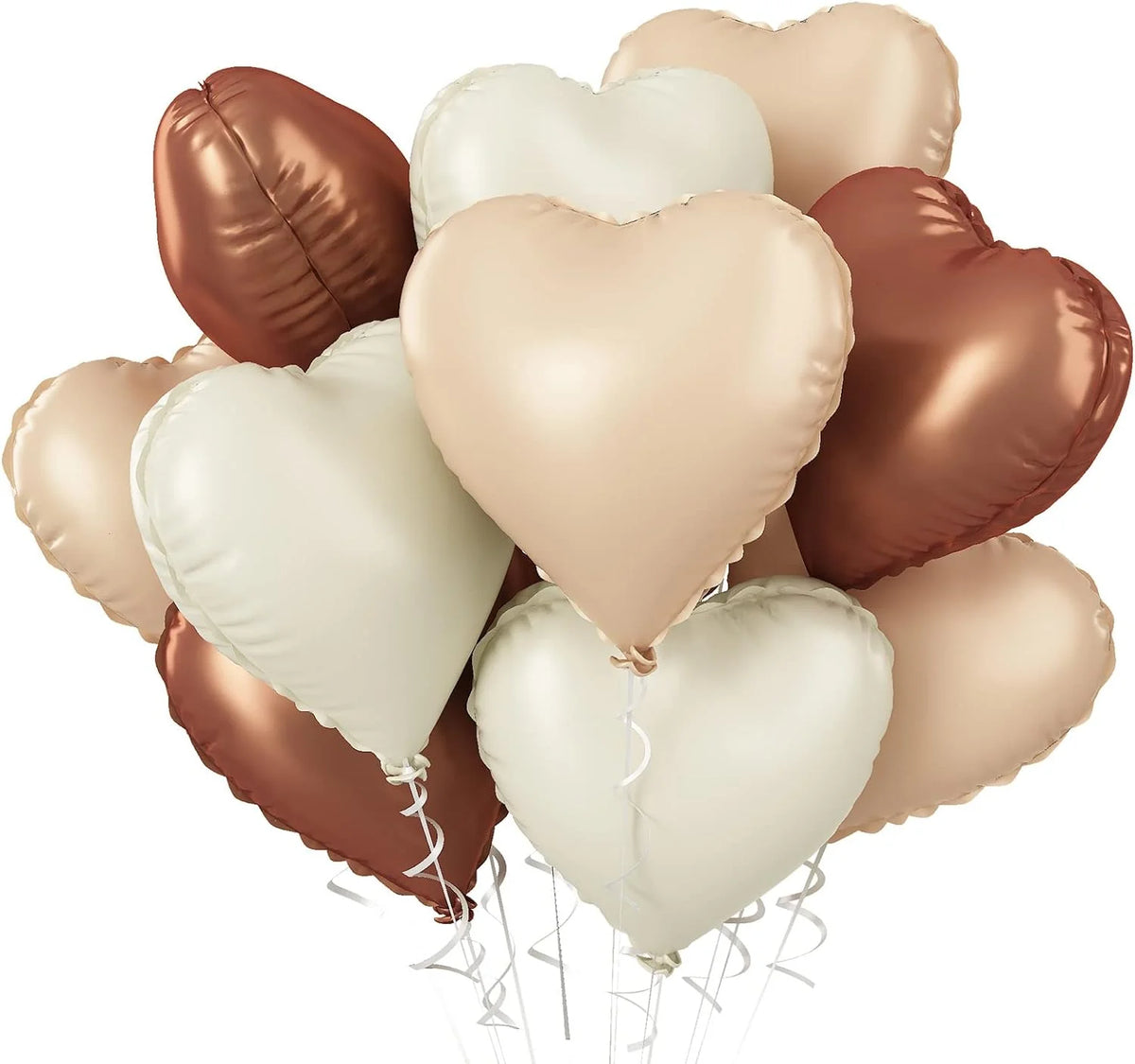 A cluster of glossy heart-shaped foil balloons in shades of rose gold and cream.