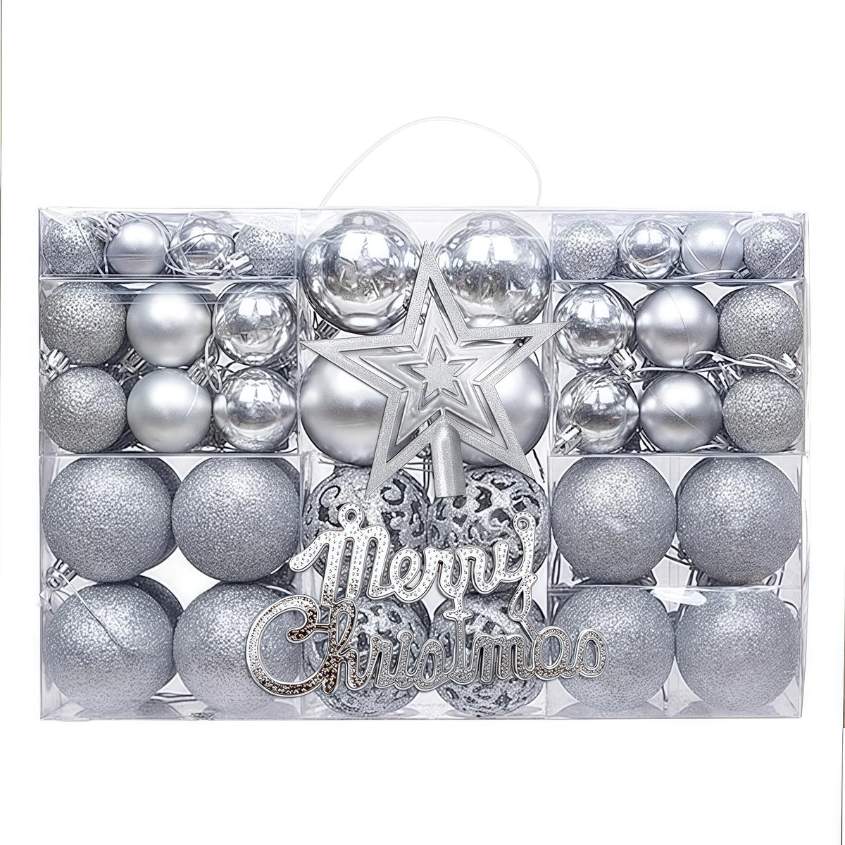 A box containing a 102-piece silver and glitter Christmas ornament set with a star tree topper.