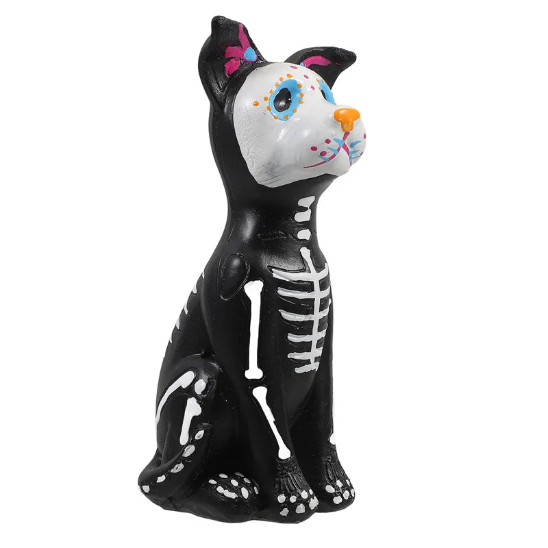 Black resin figurine set of a dog and cat with white fur, pink accents, and decorative patterns.