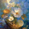 A painting of white and yellow flowers against a blue background with soft light.