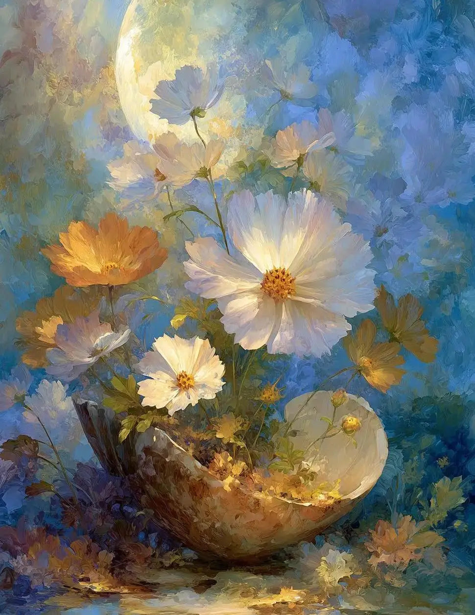 A painting of white and yellow flowers against a blue background with soft light.