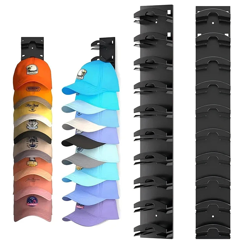 Wall mounted hat storage organizer showing various colored hats neatly displayed on a vertical rack