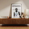 A framed canvas wall art featuring a portrait of a basketball player in a jersey, titled Edwards 5.
