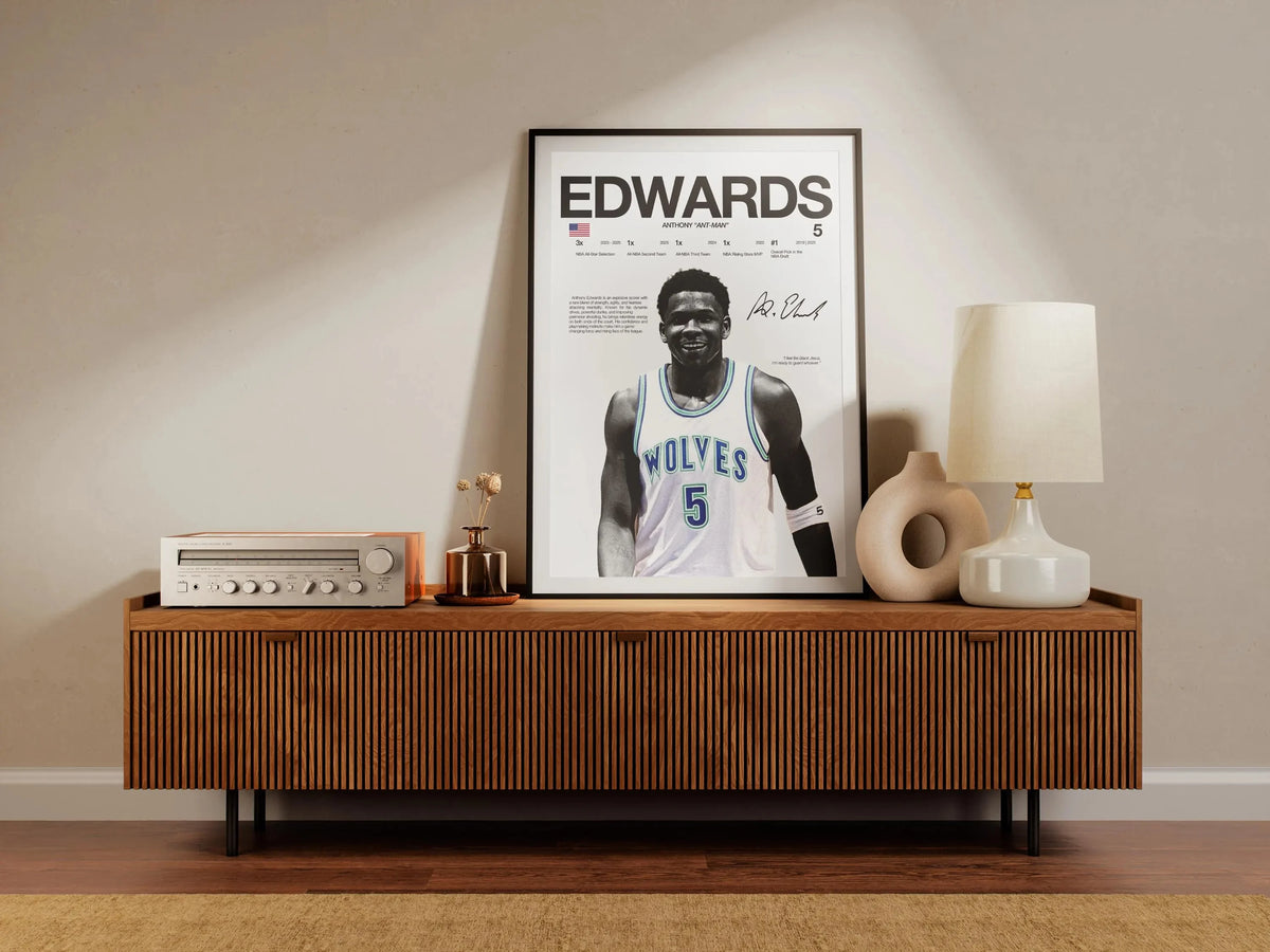 A framed canvas wall art featuring a portrait of a basketball player in a jersey, titled Edwards 5.