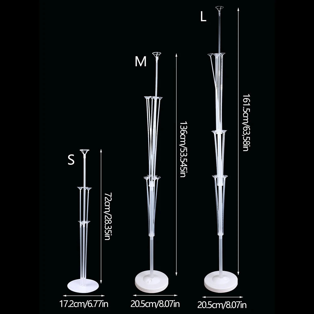 A set of adjustable balloon stands shown in three configurations: L, M, and S, detailing their heights and diameters.