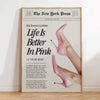 New York Press article titled Life Is Better in Pink featuring a close-up of a pink high heel shoe.