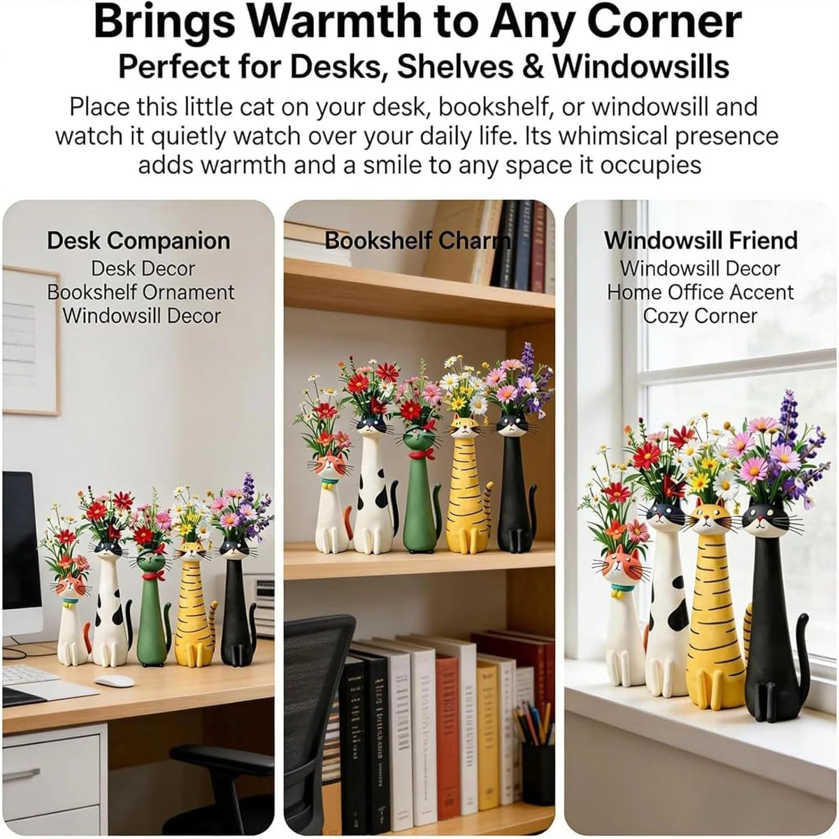 A display of whimsical resin cat flower vases in various colors on wooden shelves and a desk.
