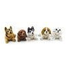 A set of five multi-figure dog ornaments, including a yellow Labrador, a brown dog, and three white and black dogs.