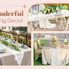 A white embroidered lace table runner is displayed on a table setting for wedding decor.