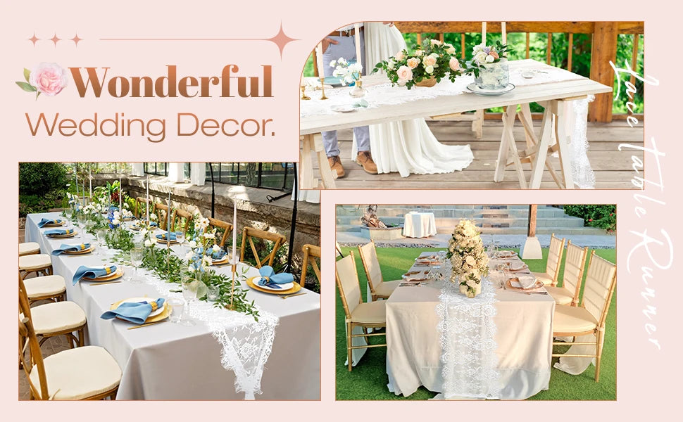 A white embroidered lace table runner is displayed on a table setting for wedding decor.