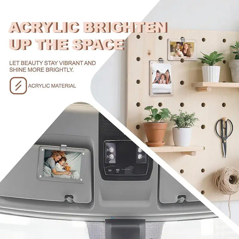 A photo visor clip for couples is displayed on a wooden shelf with potted plants.
