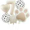 A set of six foil balloons featuring paw prints and the number seven in beige and white.