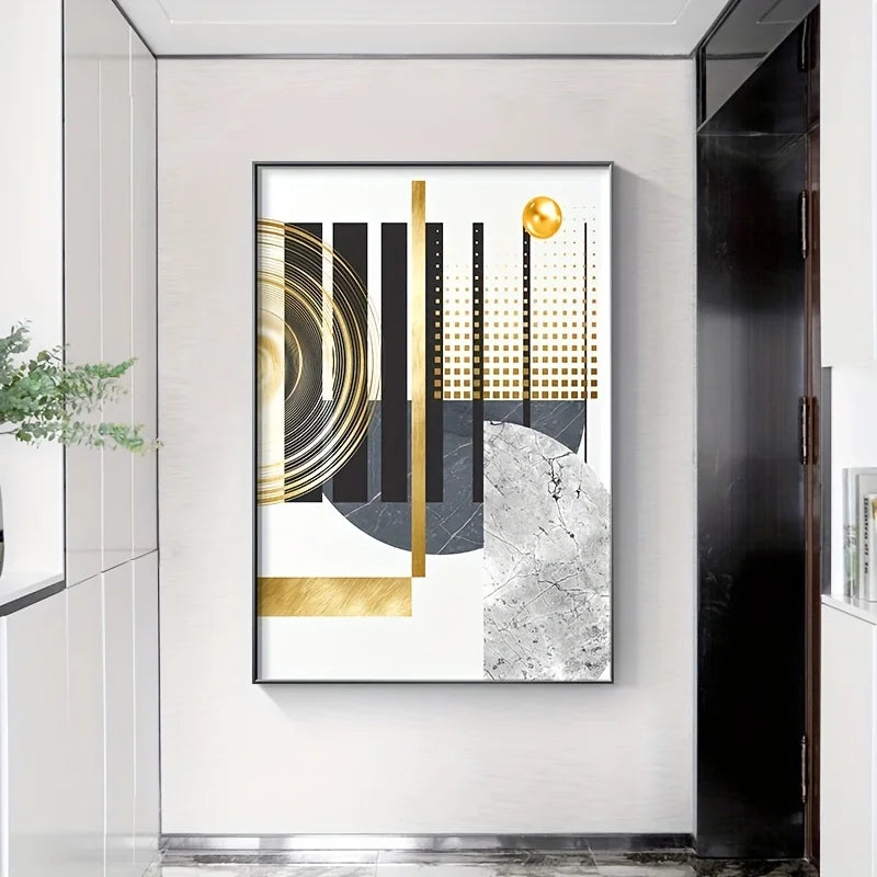 Art mural géométrique abstrait avec des lignes dorées et une texture de marbre sur fond blanc