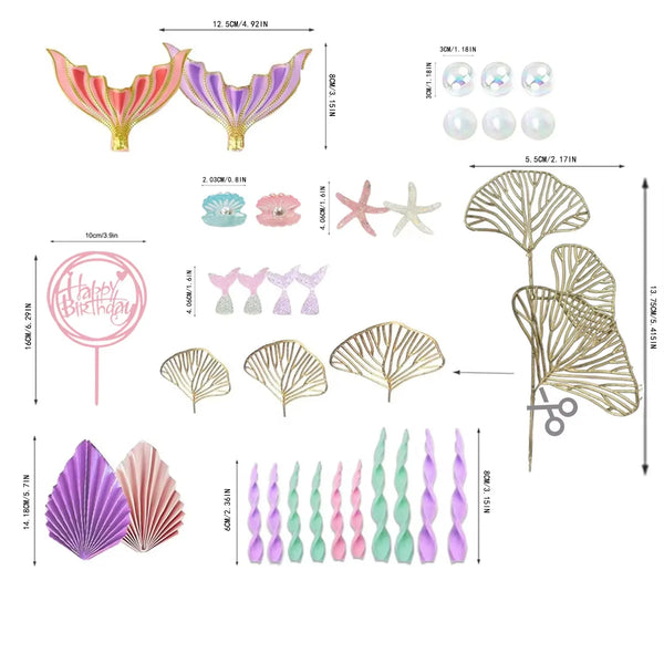 A set of mermaid cake toppers featuring tails, shells, and seaweed in various colors like pink, purple, and gold.