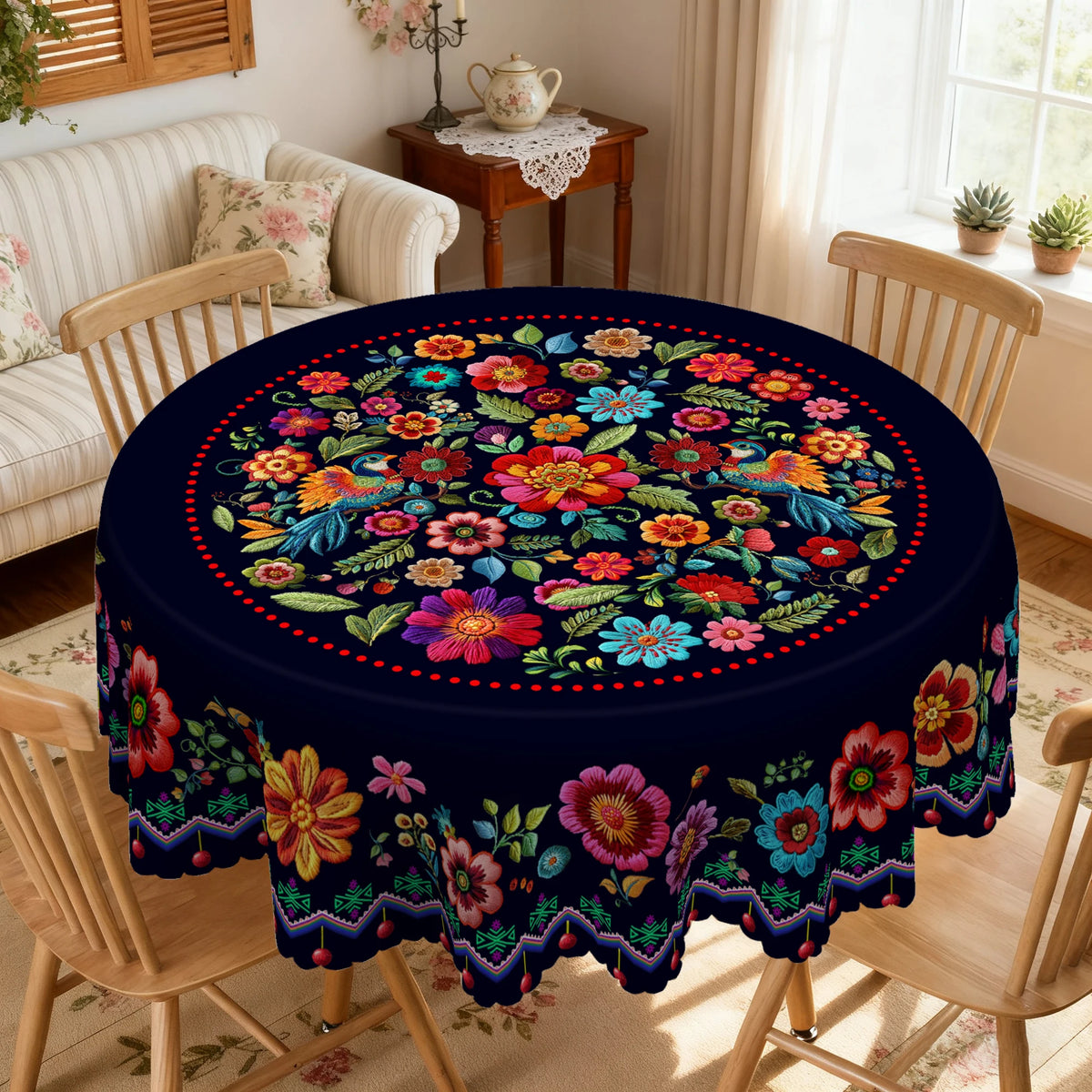 A dark blue tablecloth featuring a vibrant Mexican carnival floral print on a wooden dining table.