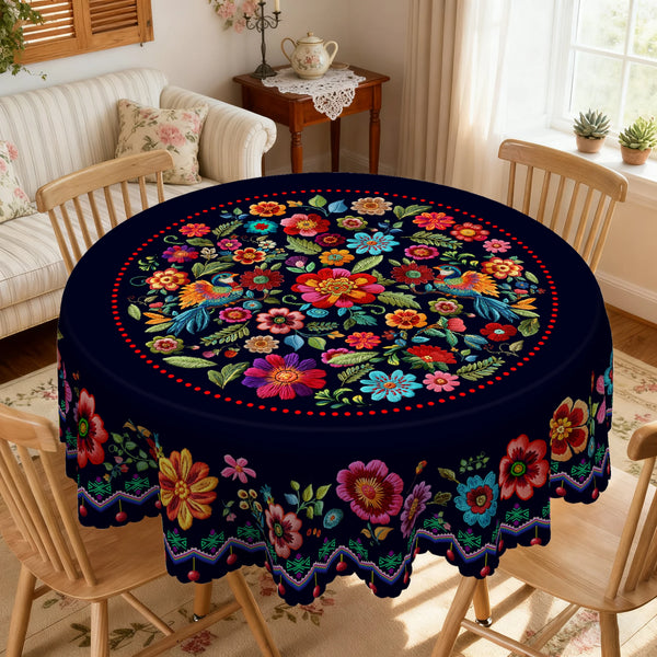 A dark blue tablecloth featuring a vibrant Mexican carnival floral print on a wooden dining table.