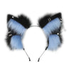 A pair of black and light blue faux fur fox ears headband for cosplay or themed parties.