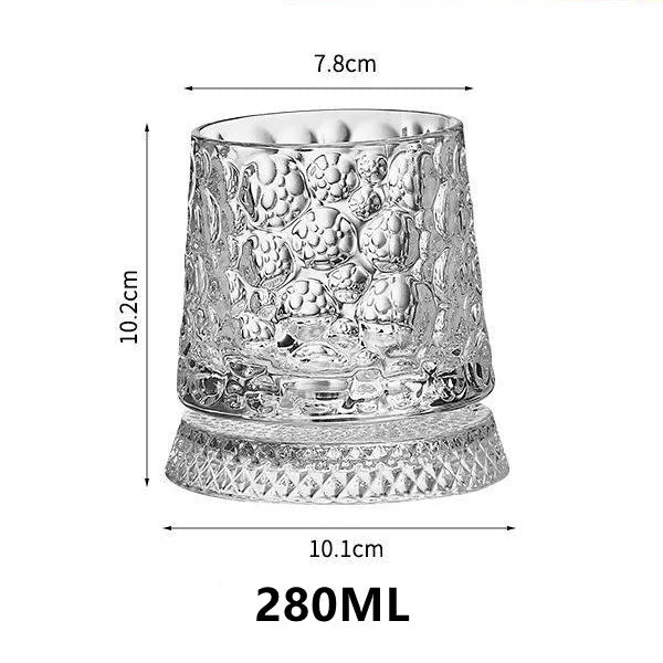 A clear crystal whiskey glass with a relief pattern, measuring 7.8cm tall and 10.1cm wide, with a 280ml capacity.