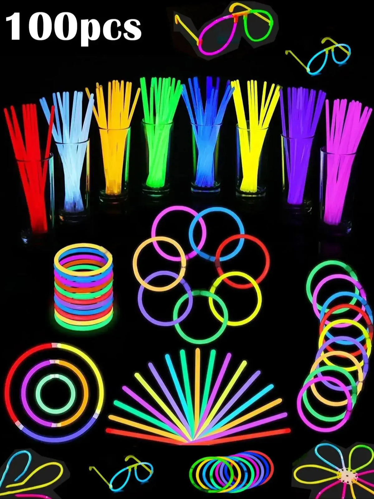 A collection of colorful glow sticks, including straws, rings, and bracelets, displayed against a black background.