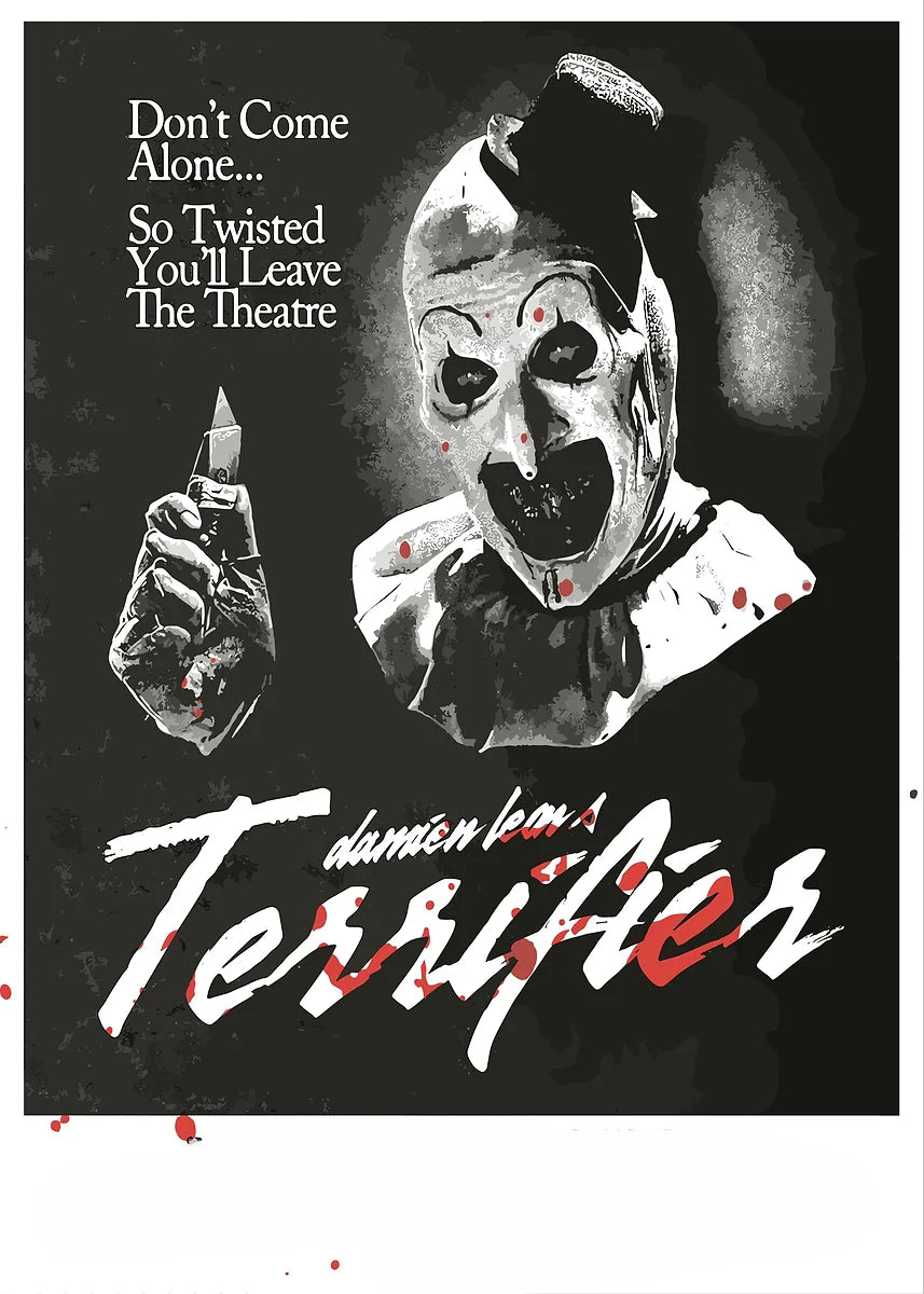 A black and white movie poster featuring a menacing clown mask and a hand holding a knife, with the title Terrifier prominent