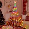 A Christmas tree decorated with colorful string lights resembling a waterfall, illuminating a living room.