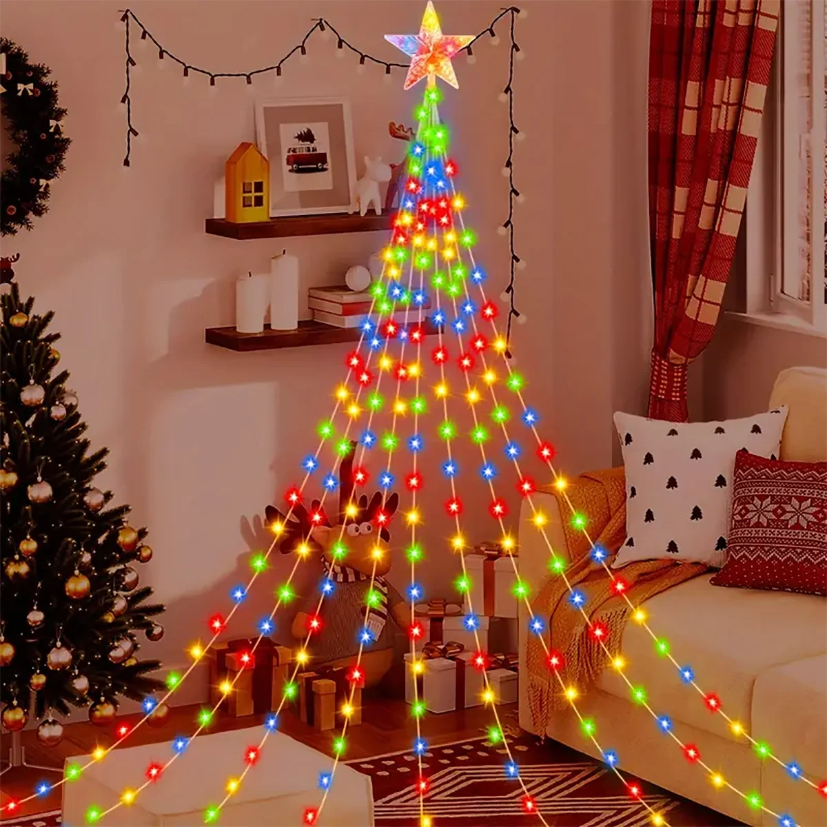 A Christmas tree decorated with colorful string lights resembling a waterfall, illuminating a living room.