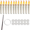 A set of white flameless floating candles and a magic wand remote control.