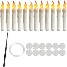 A set of white flameless floating candles and a magic wand remote control.