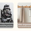 Before and after comparison showing cluttered clothes on a wooden coat rack versus neatly organized coats on a wall mount.