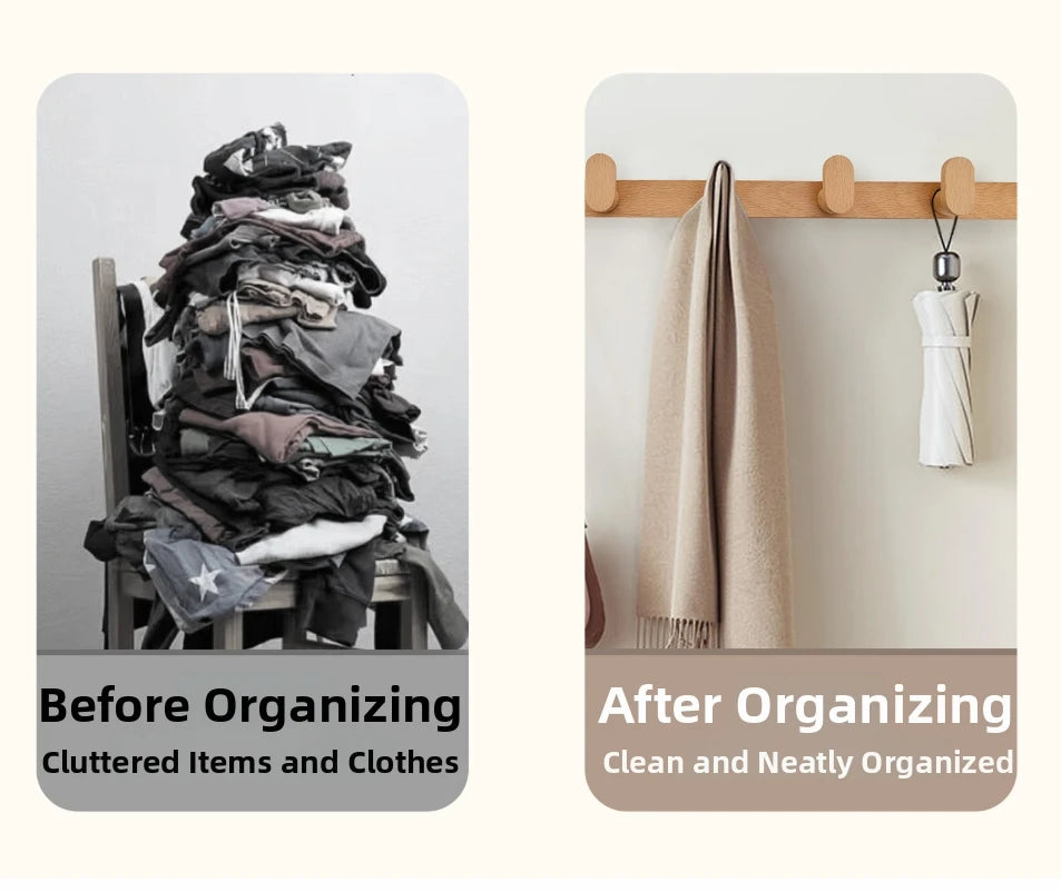Before and after comparison showing cluttered clothes on a wooden coat rack versus neatly organized coats on a wall mount.
