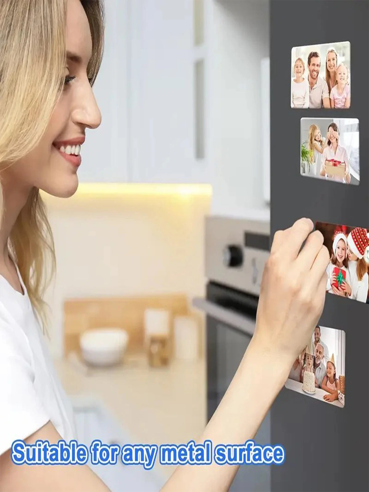A hand is placing a custom photo fridge magnet onto a dark gray surface, showing various photo options.