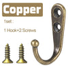 A set of copper wall hooks and screws for hanging coats, bags, or towels.