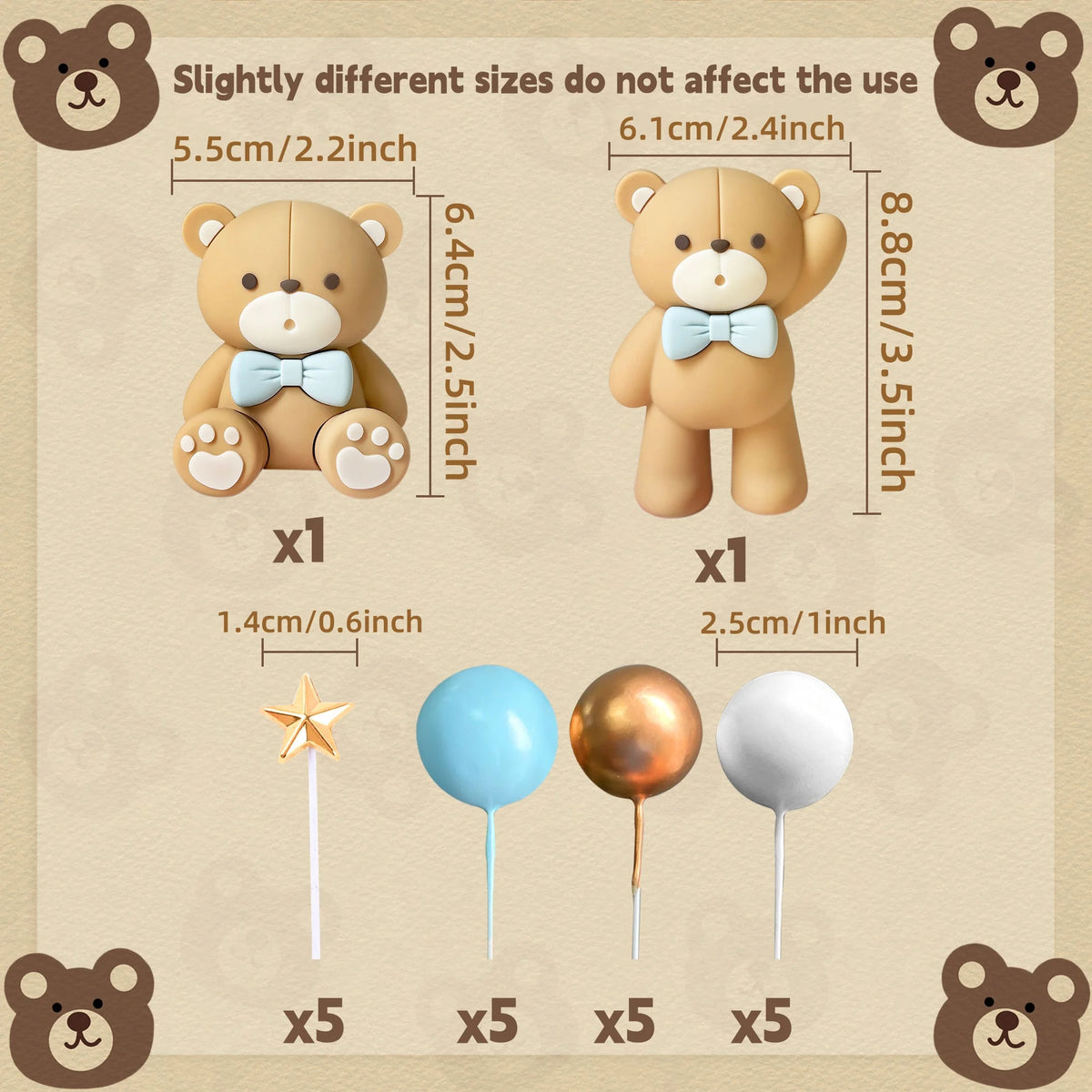 A set of five bear-shaped cake toppers and three spherical decorations with brown, blue, and white colors.